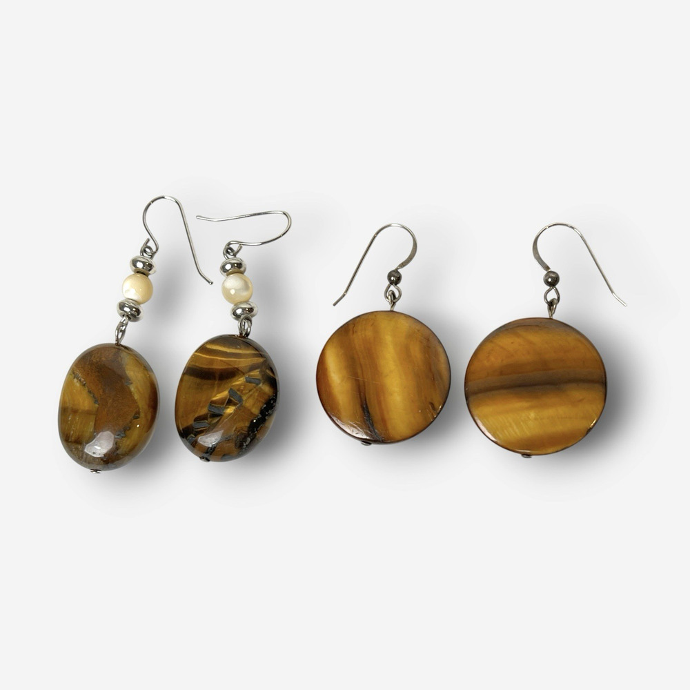 Lot 2 Pair Tigers Eye Earrings Dangle Oval Disc Earthy Golden Brown Pierced Boho